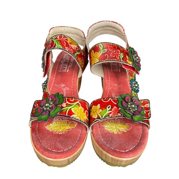 L’artiste By Springstep Quintero Red Floral Wedge Sandal Size 39 US 8.5 - Picture 7 of 10